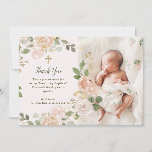 Beautiful Neutral Floral and Cross | Photo Baptism Thank You Card | Zazzle