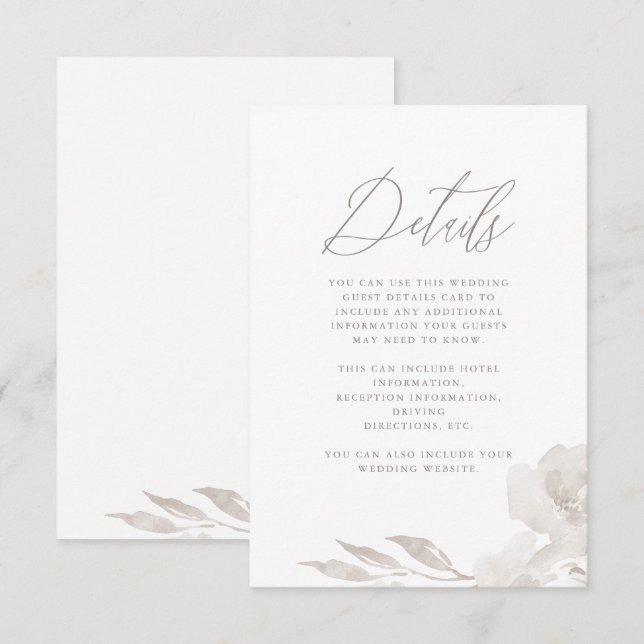 Beautiful Neutral Floral Wedding Guest Detail Enclosure Card (Front/Back)