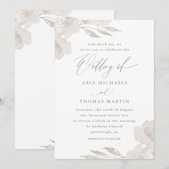Beautiful Neutral Floral with Calligraphy Wedding Invitation (Front/Back)