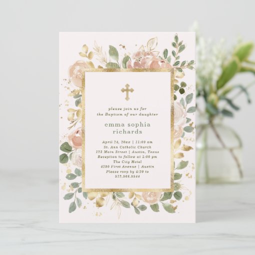 Beautiful Neutral Florals | Photo Back Baptism Invitation | Zazzle