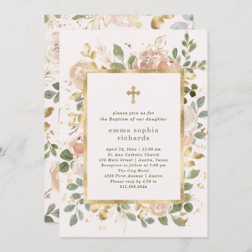 Beautiful Neutral Florals  Photo Back Baptism Invitation