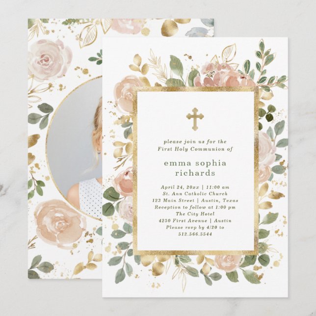 Beautiful Neutral Florals | Photo First Communion Invitation (Front/Back)
