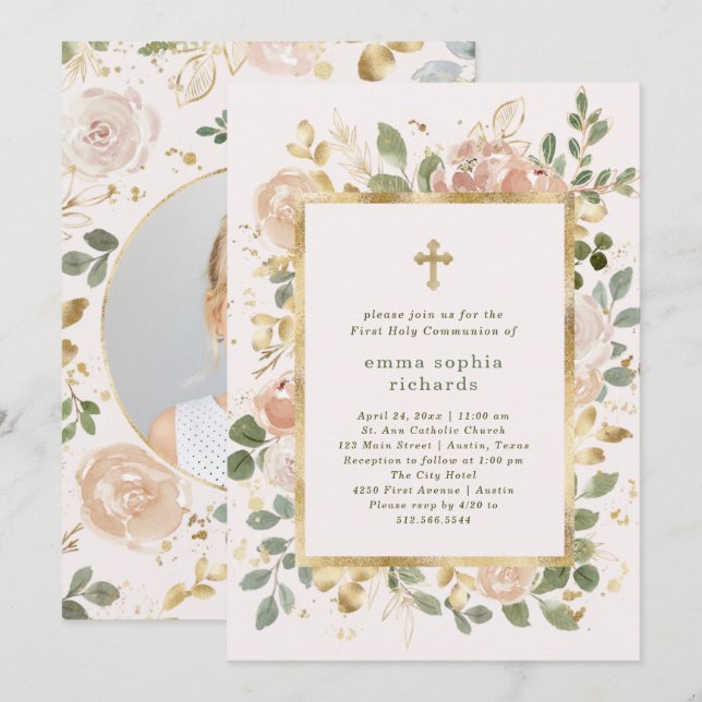 Beautiful Neutral Florals | Photo First Communion Invitation (Front/Back)
