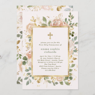 Beautiful Neutral Florals Photo First Communion Invitation