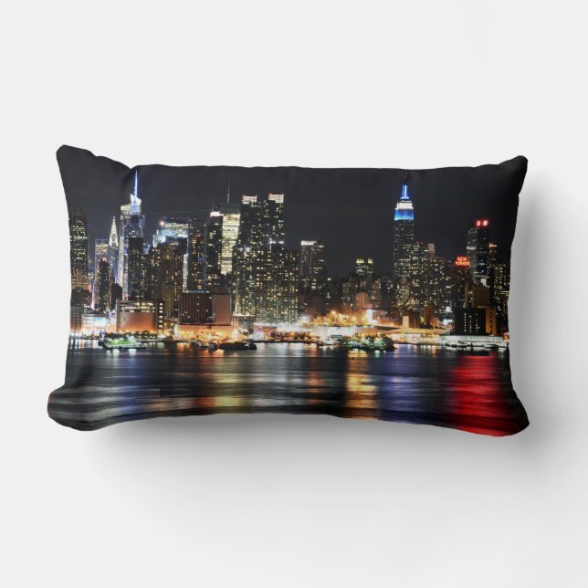 Beautiful New York Night Lights Reflecting River Lumbar Pillow (Front)