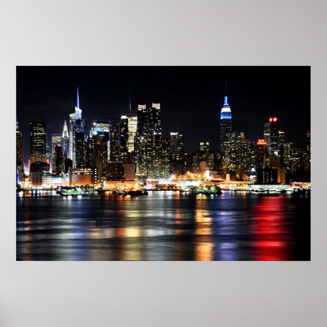 Beautiful New York Night Lights Reflecting River Poster (Front)