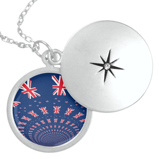 Beautiful New Zealand Flag Art Print Design Sterling Silver Necklace (Front)
