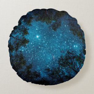 Beautiful night sky, the Milky Way and the trees. Round Pillow
