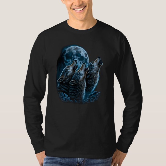 Beautiful Night Time Wolf Howling At Moon T-Shirt (Front)