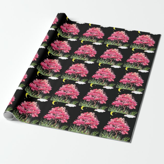 Beautiful night view of a cherry blossom tree wrapping paper (Unrolled)