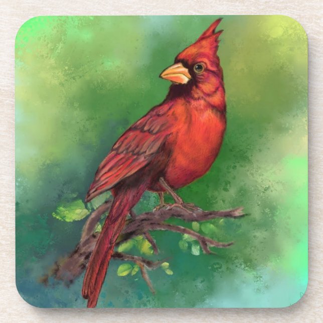 Beautiful Northern Red Cardinal Bird Painting Art  Beverage Coaster (Front)