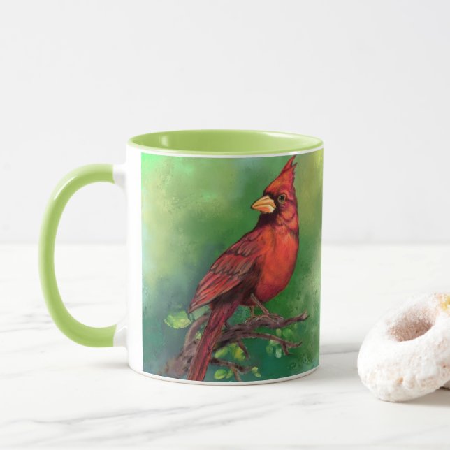 Beautiful Northern Red Cardinal Bird Painting Art  Mug (With Donut)