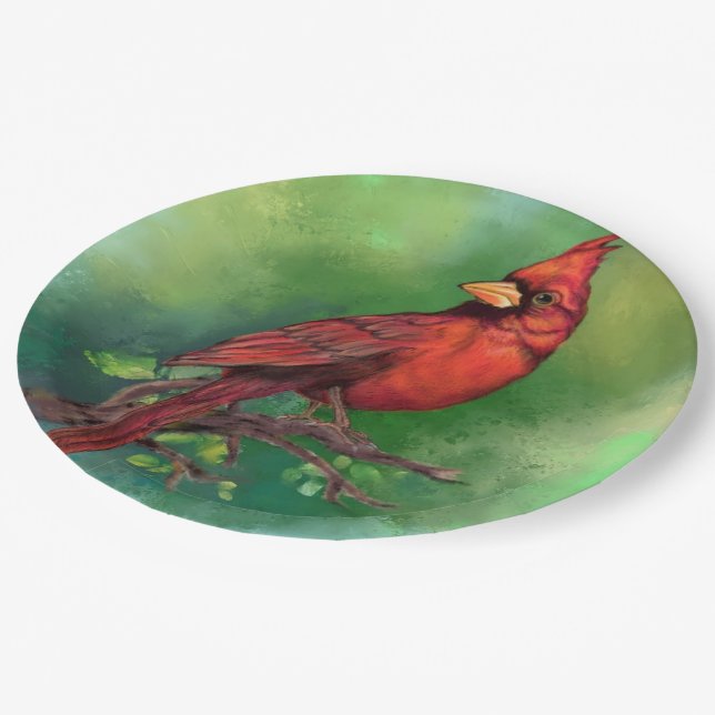 Beautiful Northern Red Cardinal Bird Painting Art  Paper Plates (Angled)
