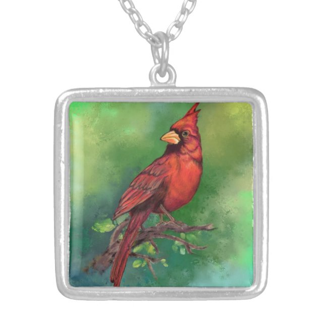 Beautiful Northern Red Cardinal Bird Painting Art  Silver Plated Necklace (Front)