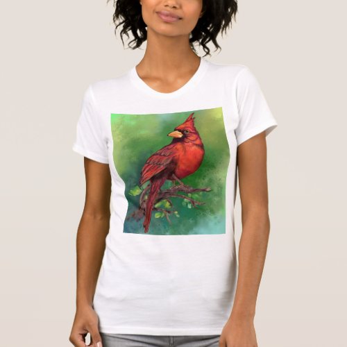 Beautiful Northern Red Cardinal Bird Painting Art  T_Shirt