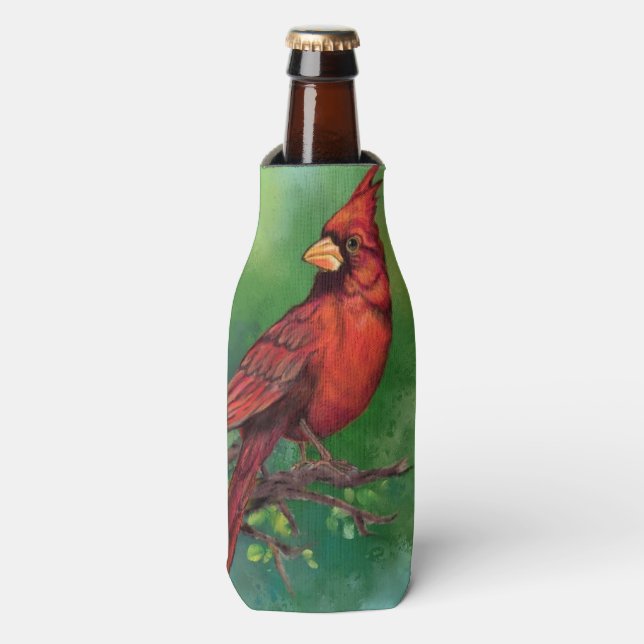 Beautiful Northern Red Cardinal Bird Painting  Bottle Cooler (Bottle Front)