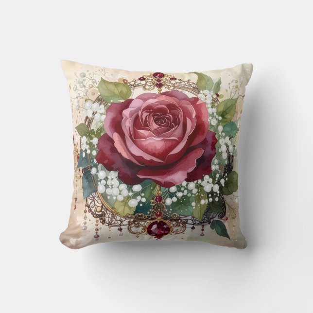 Beautiful Nostalgic Romantic Red Rose Victorian Throw Pillow (Front)