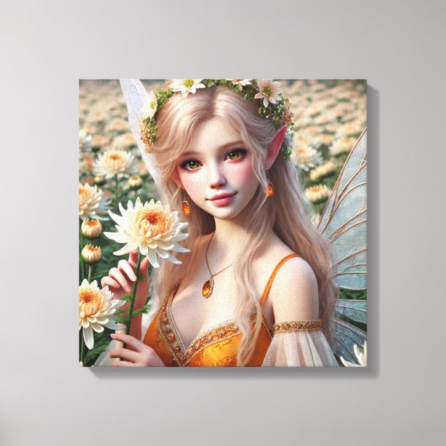 Beautiful November Fairy in Chrysanthemums Canvas Print (Front)