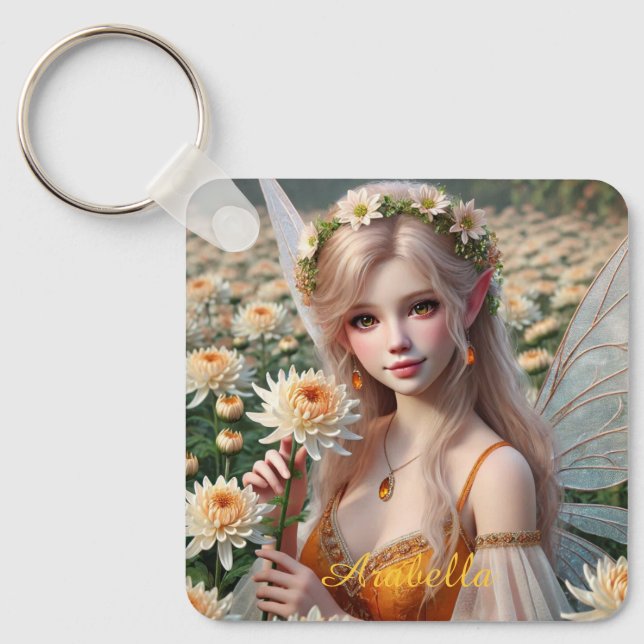 Beautiful November Fairy in Chrysanthemums Keychain (Front)