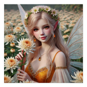 Beautiful November Fairy in Chrysanthemums Poster