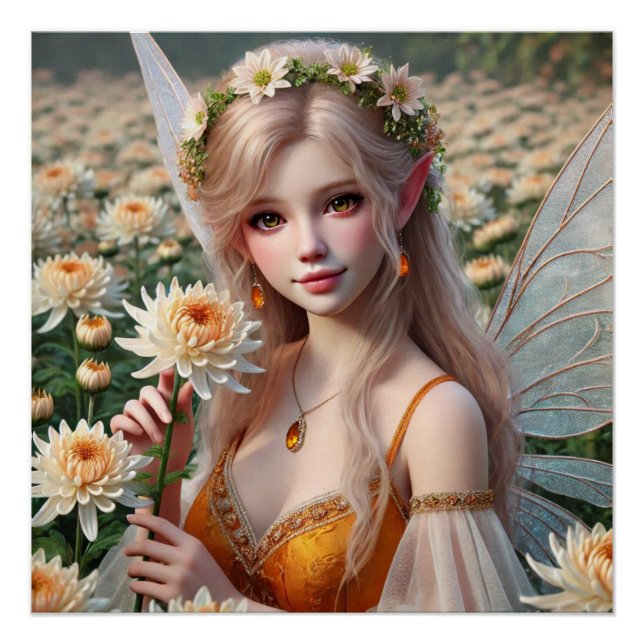 Beautiful November Fairy in Chrysanthemums Poster (Front)