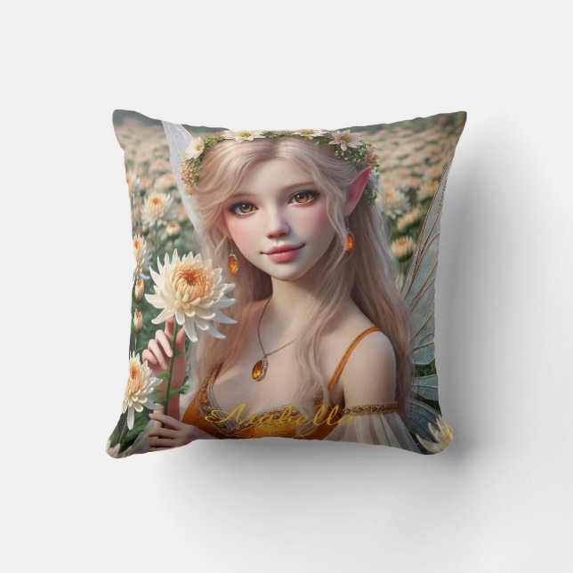 Beautiful November Fairy in Chrysanthemums Throw Pillow (Back)
