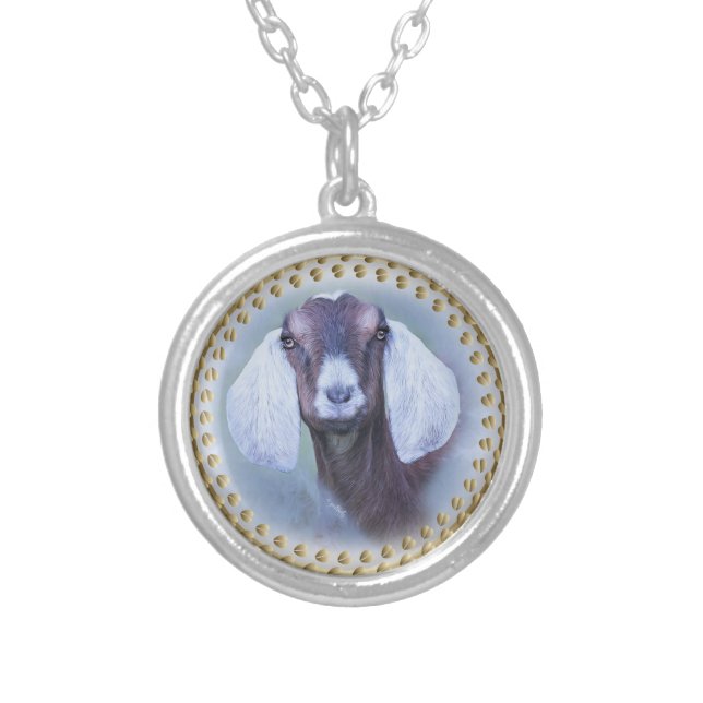 Beautiful Nubian Goat Painted Portrait Silver Plated Necklace (Front)