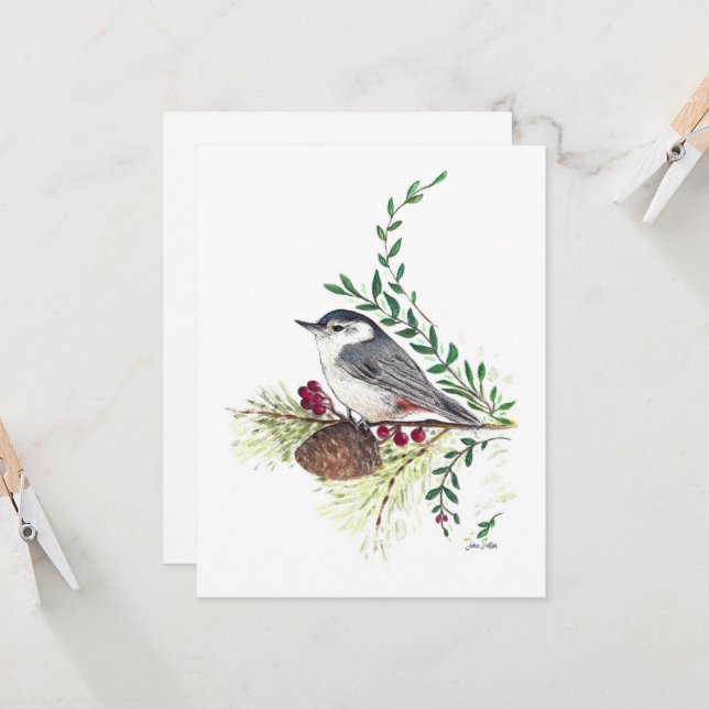 Beautiful Nuthatch Watercolor Note Card (Front/Back In Situ)