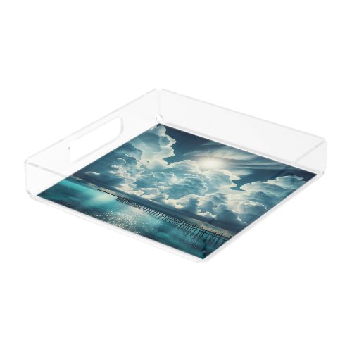 Beautiful Ocean Dock and Fluffy Clouds Acrylic Tray