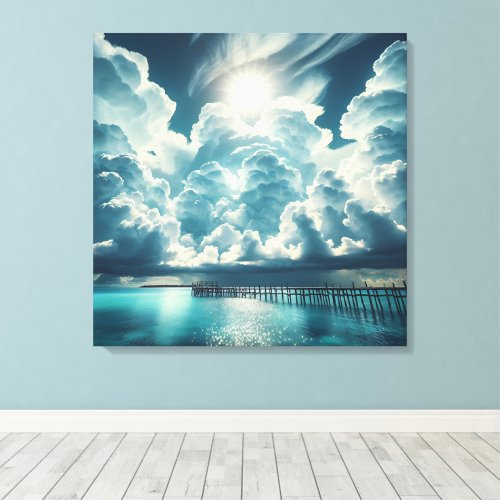 Beautiful Ocean Dock and Fluffy Clouds Canvas Print