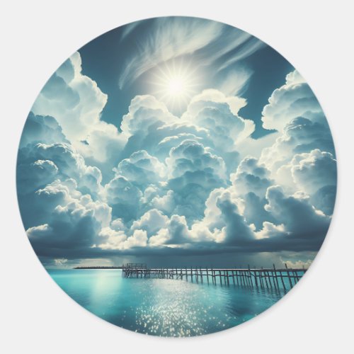 Beautiful Ocean Dock and Fluffy Clouds Classic Round Sticker