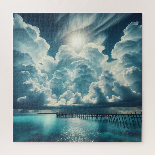 Beautiful Ocean Dock and Fluffy Clouds Jigsaw Puzzle