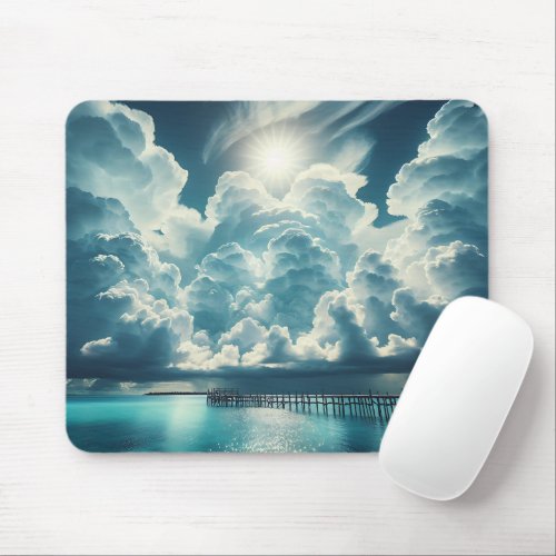 Beautiful Ocean Dock and Fluffy Clouds Mouse Pad