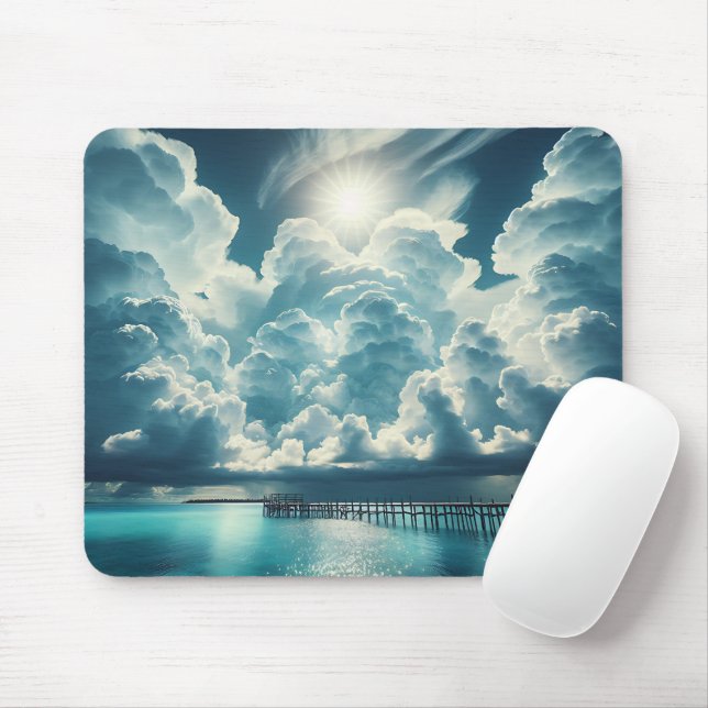 Beautiful Ocean, Dock and Fluffy Clouds Mouse Pad (With Mouse)