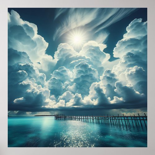 Beautiful Ocean Dock and Fluffy Clouds Poster