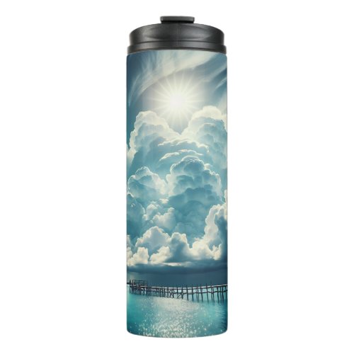 Beautiful Ocean Dock and Fluffy Clouds Thermal Tumbler