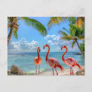 Beautiful Ocean Pink Flamingos Palm Trees Sand Postcard