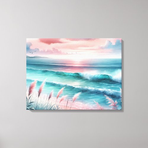 Beautiful Ocean Scene in Pink and Blue Canvas Print