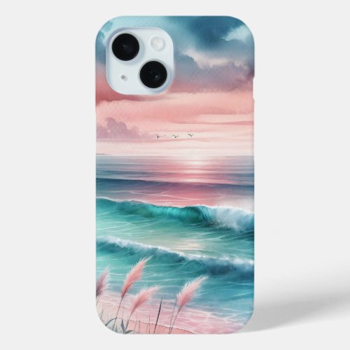 Beautiful Ocean Scene in Pink and Blue iPhone 15 Case