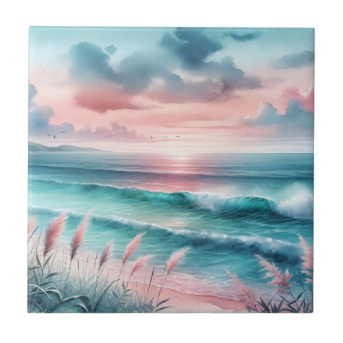 Beautiful Ocean Scene in Pink and Blue Ceramic Tile
