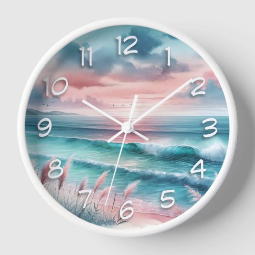 Beautiful Ocean Scene in Pink and Blue Clock