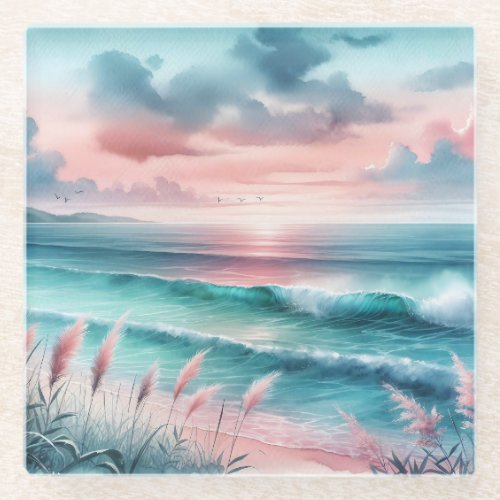 Beautiful Ocean Scene in Pink and Blue Glass Coaster