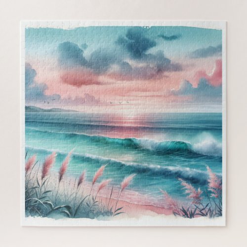 Beautiful Ocean Scene in Pink and Blue Jigsaw Puzzle