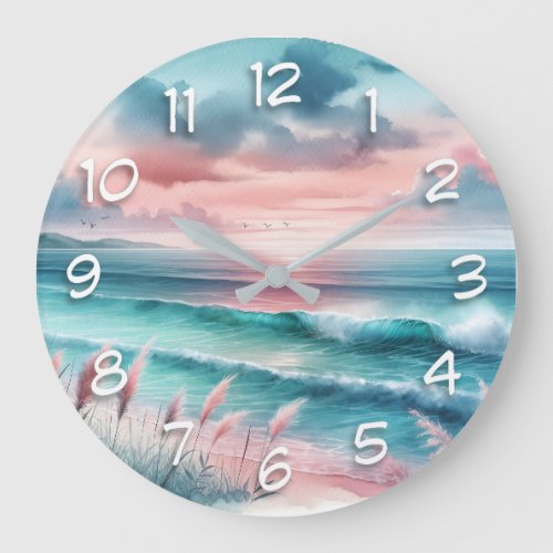 Beautiful Ocean Scene in Pink and Blue Large Clock