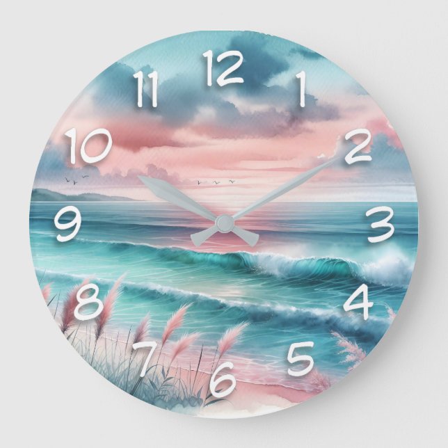 Beautiful Ocean Scene in Pink and Blue Large Clock (Front)