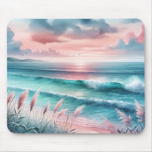 Beautiful Ocean Scene in Pink and Blue Mouse Pad