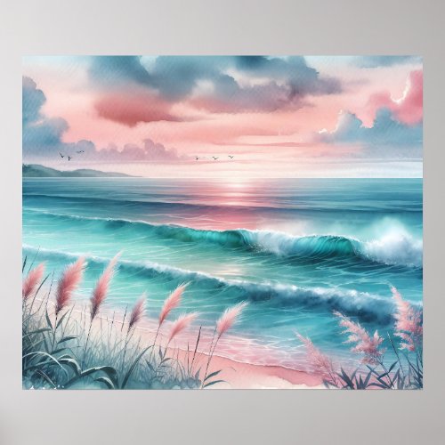 Beautiful Ocean Scene in Pink and Blue Poster