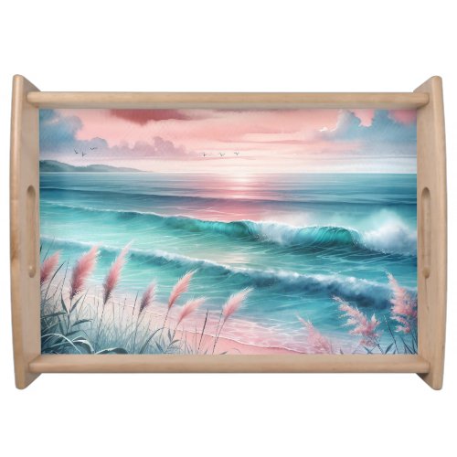 Beautiful Ocean Scene in Pink and Blue Serving Tray