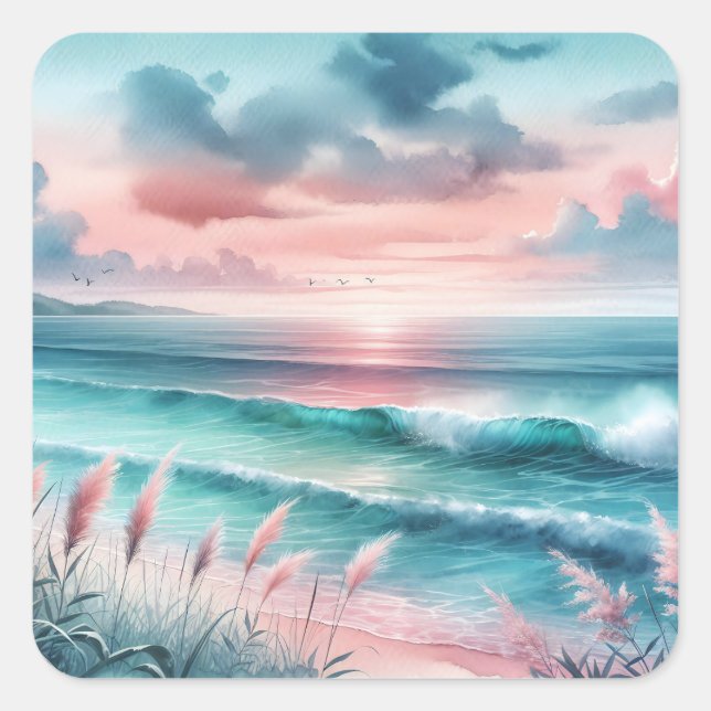 Beautiful Ocean Scene in Pink and Blue Square Sticker (Front)