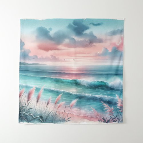 Beautiful Ocean Scene in Pink and Blue Tapestry